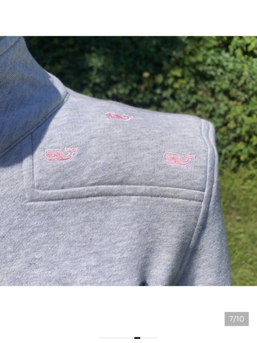 Vineyard Vines gray 3/4 zip pullover sweatshirt with pink whales on shoulders
